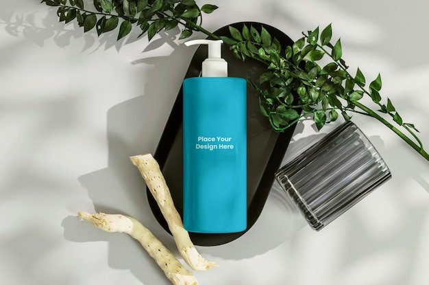 shampoo mockup psd with siwak plant