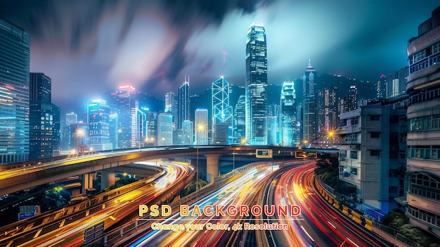 PSD edifici della città di shanghai di notte e luci offuscate delle auto