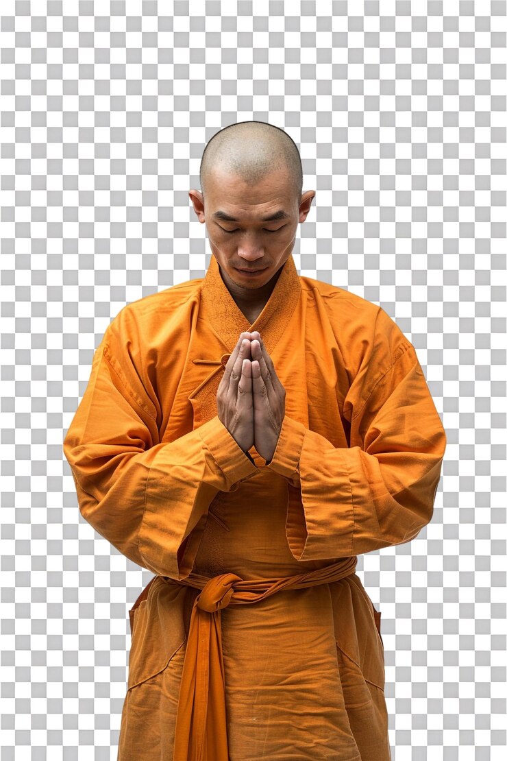 PSD shaolin monk praying alone against transparent background