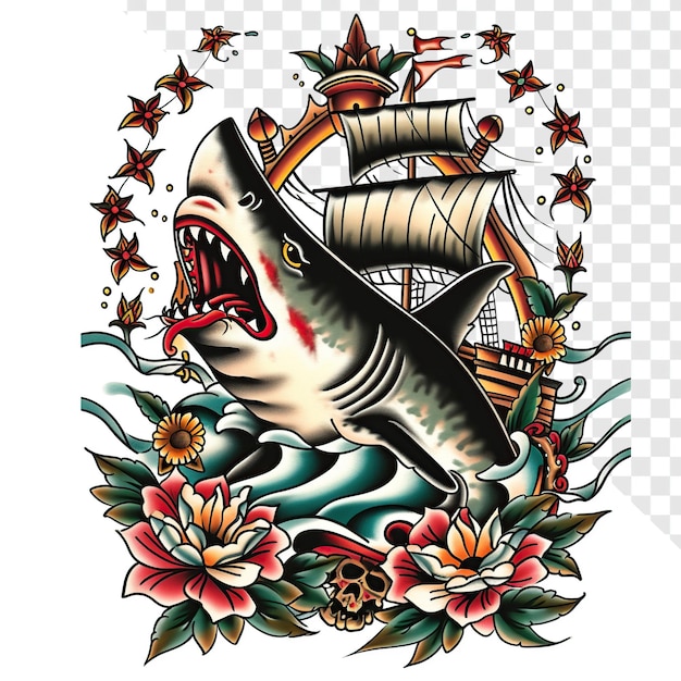 PSD shark breaking through ship traditional tattoo art