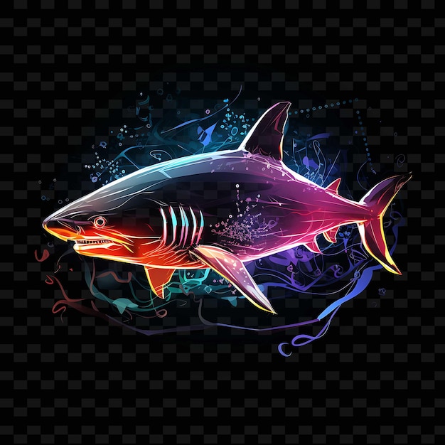 PSD shark deep sea mystery sharp neon lines shipwreck fins on bl png y2k shapes transparent light arts