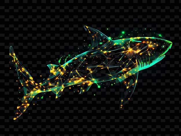 A shark with a green background and a yellow line of neon lights