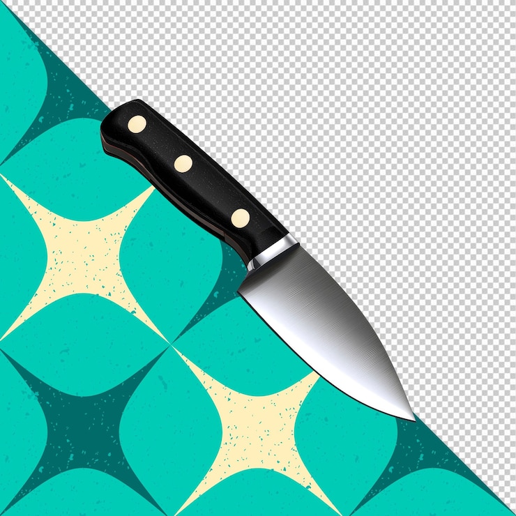 PSD sharp kitchen knife with black handle isolated on white background