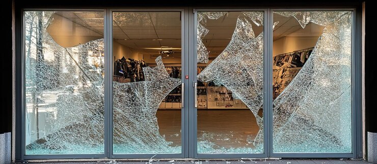 PSD shattered glass doors of a store front