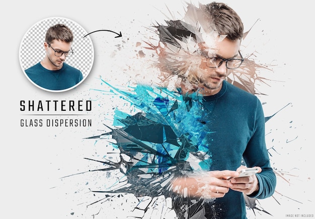 PSD shattered glass explosion dispersion photo effect mockup