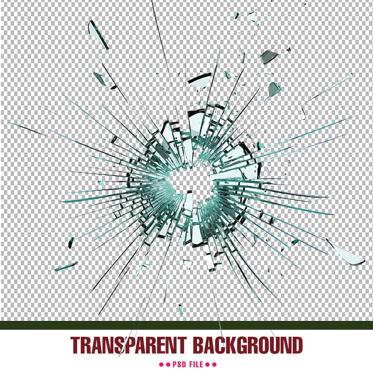 PSD shattered glass explosion with cracked pieces transparent background