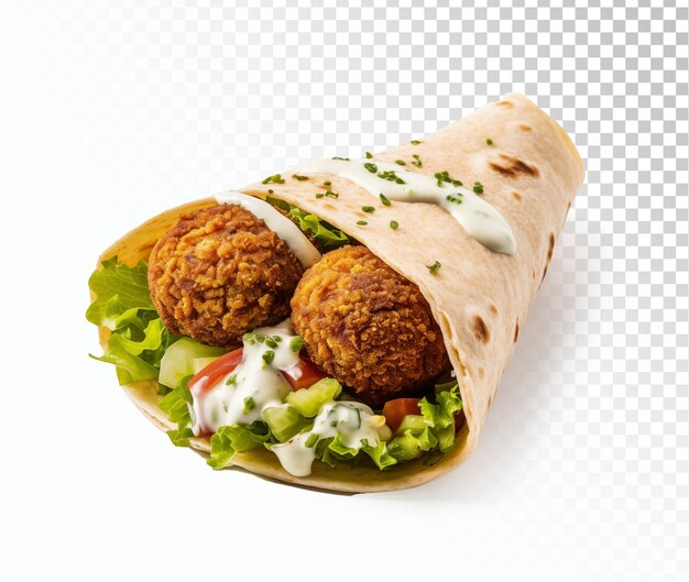 PSD sandwich shawarma falafel fresco rotolo di carne alla griglia e insalata tortilla avvolto con salsa bianca isolato.