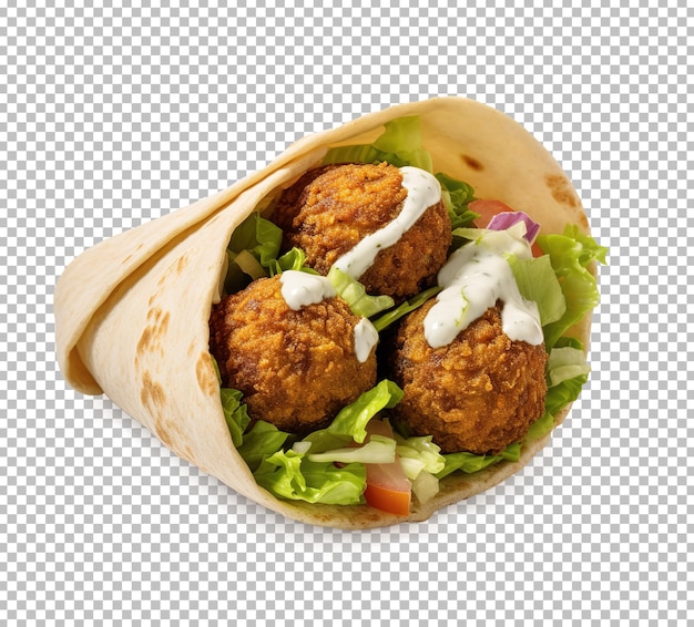 Wrap tortilla di tortilla con cipolla, lattuga di pomodoro e salsa su falafel shawarma su sfondo bianco