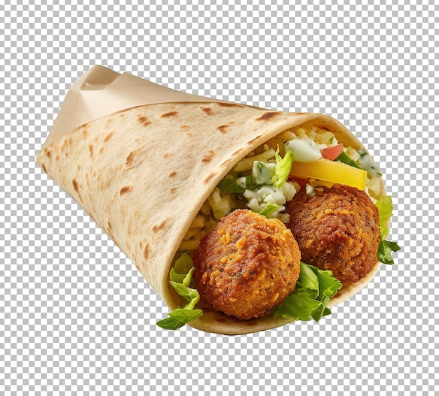PSD shawarma tortilla wrap with onion tomato lettuce and sauce on falafel shawarma on white background