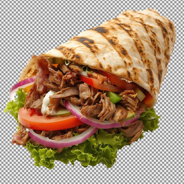 Shawarma wrap grill toasted stuff with fresh vegies sauces and chicken isolated on white background