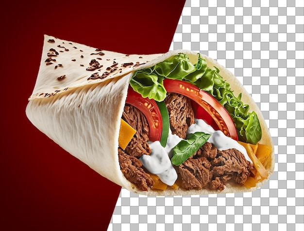 A shawarma wrap with beef and lettuce on it.