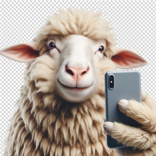 PSD a sheep is holding a phone with a picture of a sheep on it