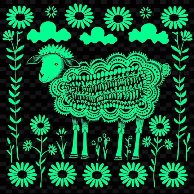 Sheep line art with daisies and clouds for decorations creat creative outline scribble collections