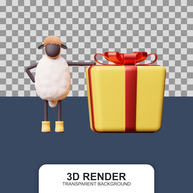 A Sheep Standing Holding A Gift Box 3d Illustration