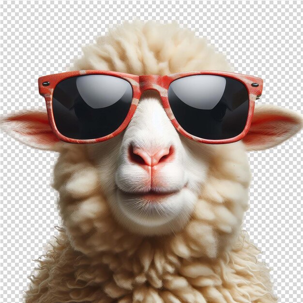 Una pecora che indossa occhiali da sole con una lente rossa