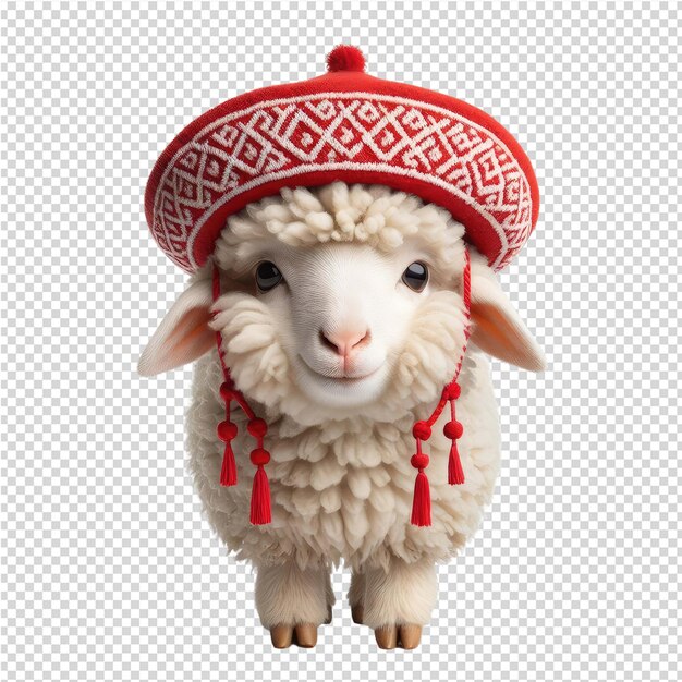 PSD a sheep with a red hat and a red ribbon around its neck