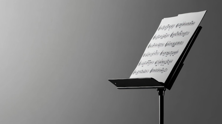 PSD sheet music on a music stand against a gray background