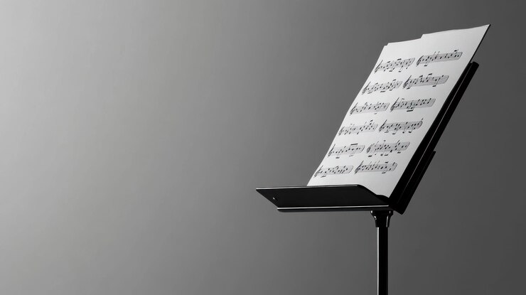 PSD sheet music on a music stand against a gray background