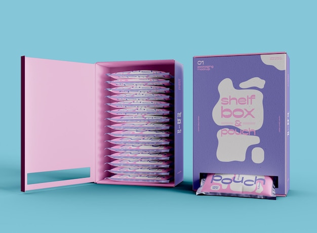 PSD shelf box packaging with snacks mockup