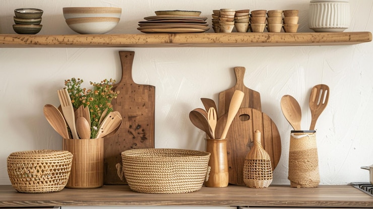 PSD a shelf with many wooden kitchen utensils and a bunch of kitchen utensils