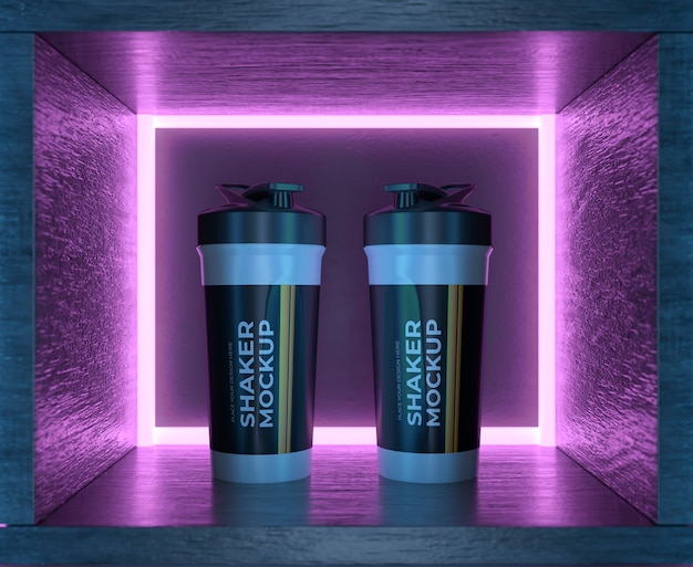 PSD shelf with neon lights and protein powder