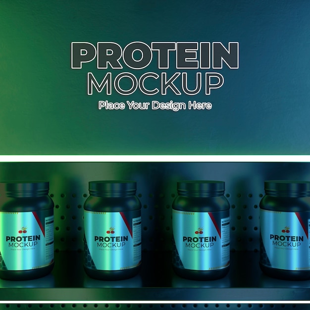 Shelf with neon lights and protein powder