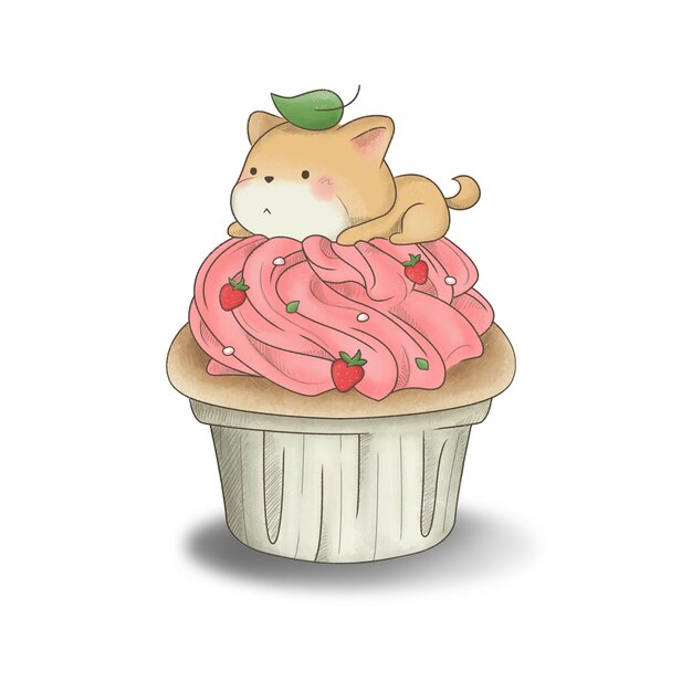 PSD shiba aardbei cupcake illustratie