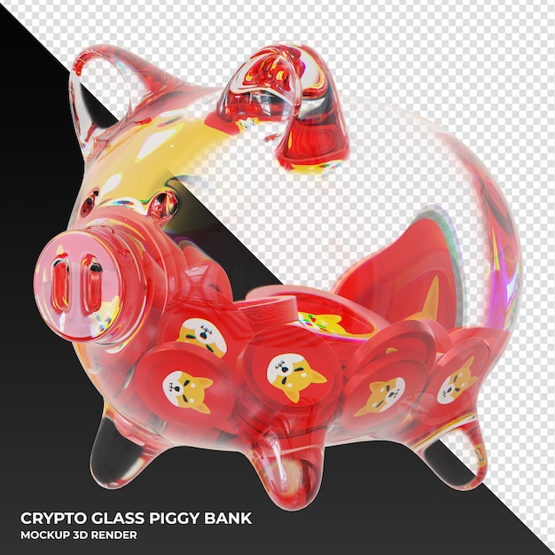 Shiba inu shib coin in clear glass piggy bank 3d rendering