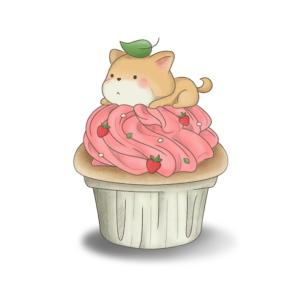 PSD shiba strawberry cupcake illustration