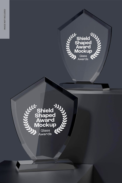 PSD shield shaped awards mockup, on podium