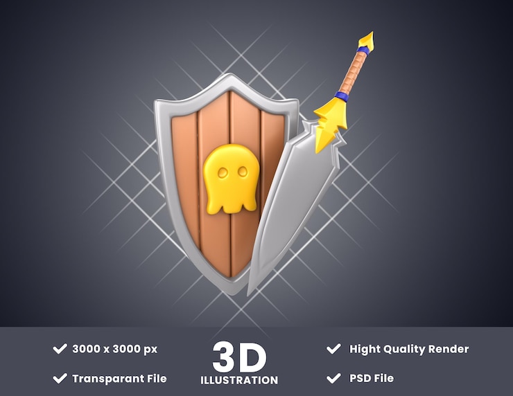 PSD 3d-иллюстрация щита и меча, подходящая для концепций в дизайнерских проектах или презентациях и т.д.