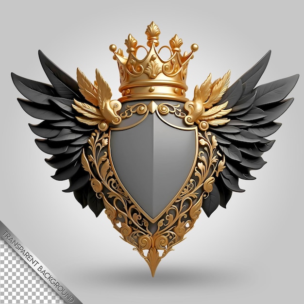 A shield with a crown and wings that says the word on it