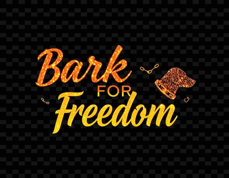 PSD shimmering bark for freedom text sparkles in neon orange and warm gold glowing dog silhouettes and