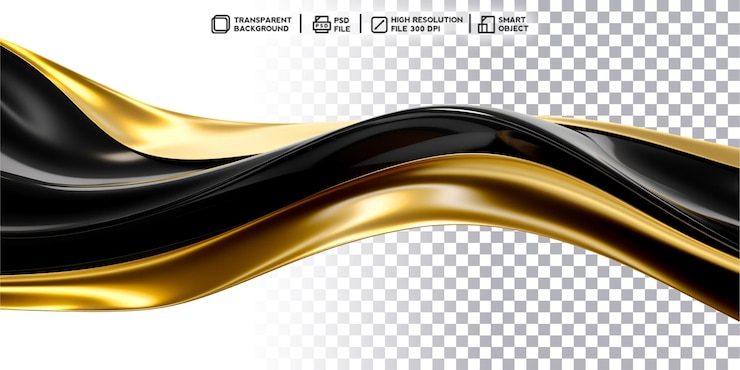 PSD shimmering beauty realistic 3d render of golden and black wave on transparent background