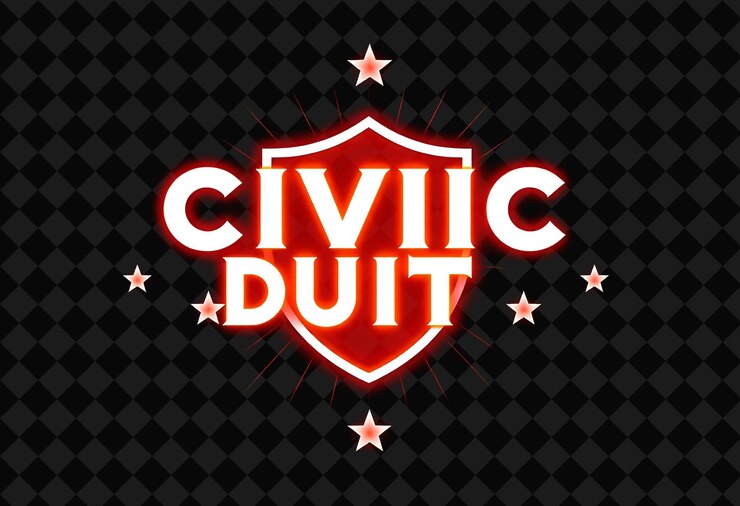 PSD shimmering civic duty text in neon ruby red and bright white encircled by a beaming shield and radi