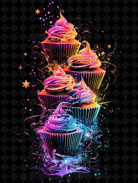 PSD shimmering electrified cupcakes scattered and bursting cupca neon color food drink y2k collection