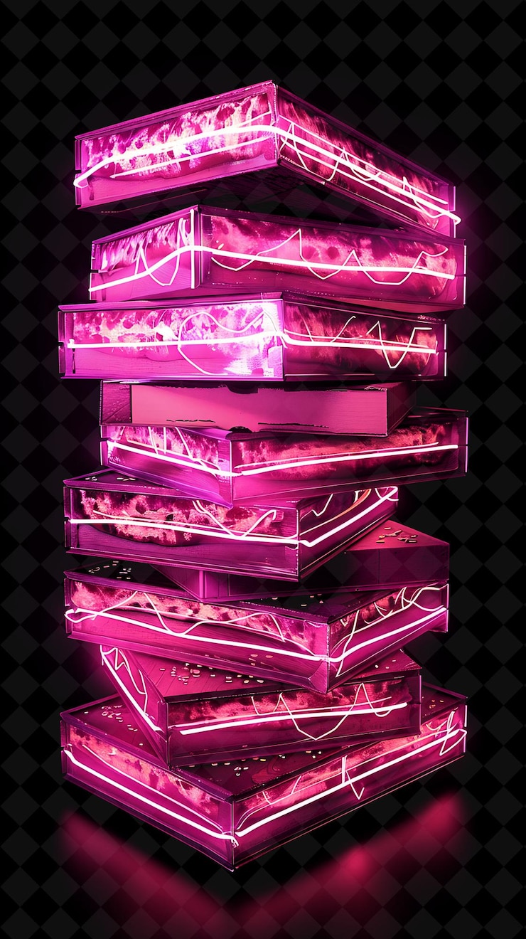 PSD shimmering electrified pizza boxes stacking and piling pizza neon color food drink y2k collection