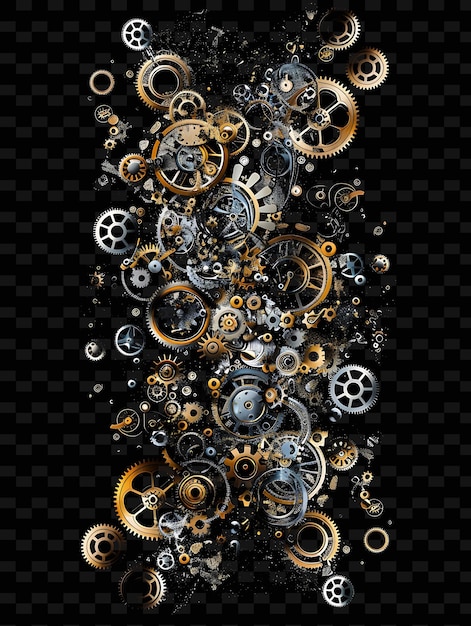 PSD shimmering metallic gears and cogs layered mechanical collag y2k texture shape background decor art