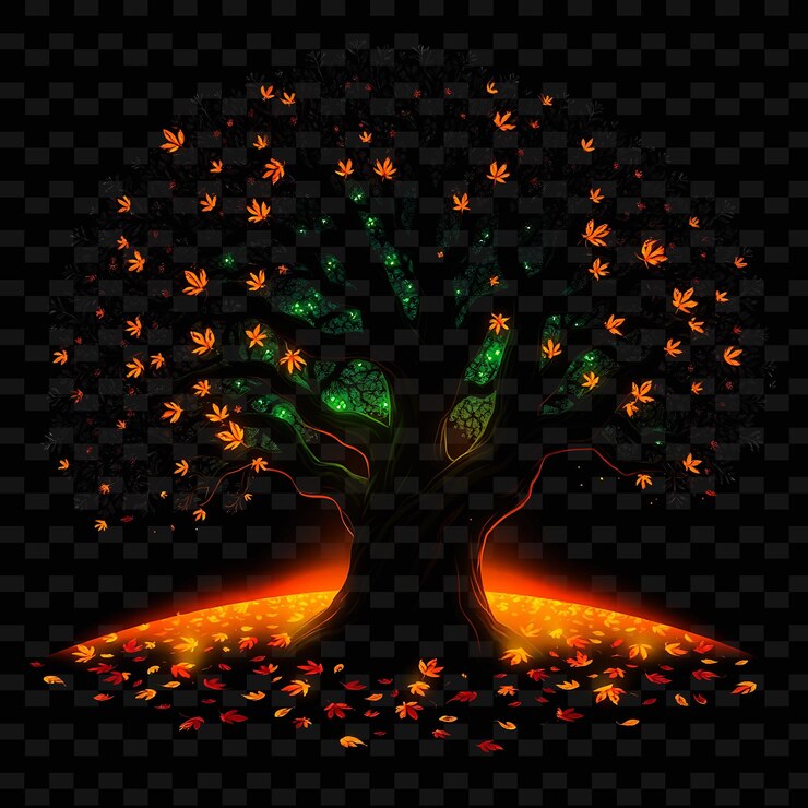 PSD shimmering neon autumn forest inside a silhouette oak tree landscape has fallen leaves with glowing