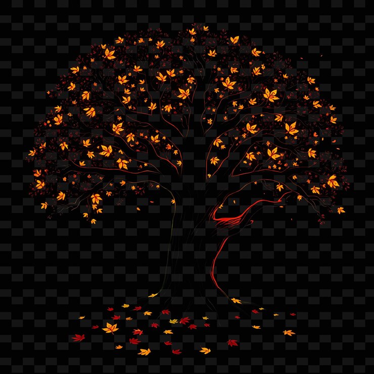 PSD shimmering neon autumn forest inside a silhouette oak tree landscape has fallen leaves with glowing