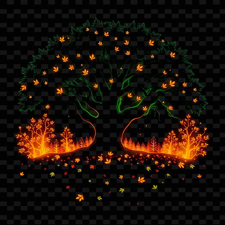 PSD shimmering neon autumn forest inside a silhouette oak tree landscape has fallen leaves with glowing
