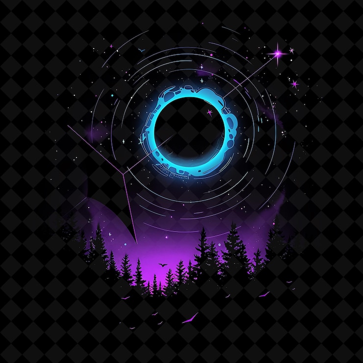 PSD shimmering neon black hole forest inside a silhouette kite l png neon artistic landscape