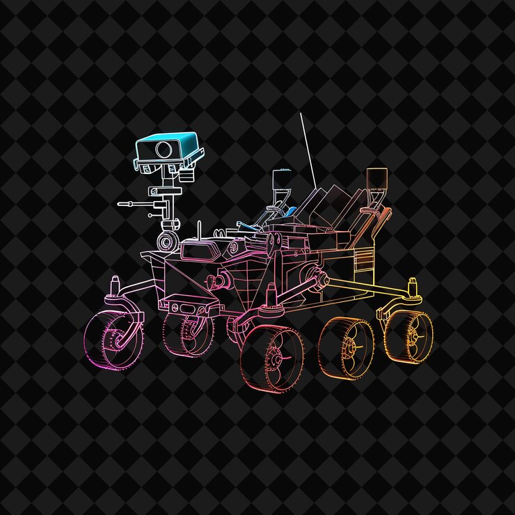 PSD shimmering neon effect on a lander and rover with a rectangu png y2k neon space designs