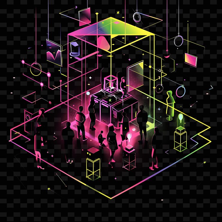 PSD shimmering neon election reform with members and signs lands neon line art city view background