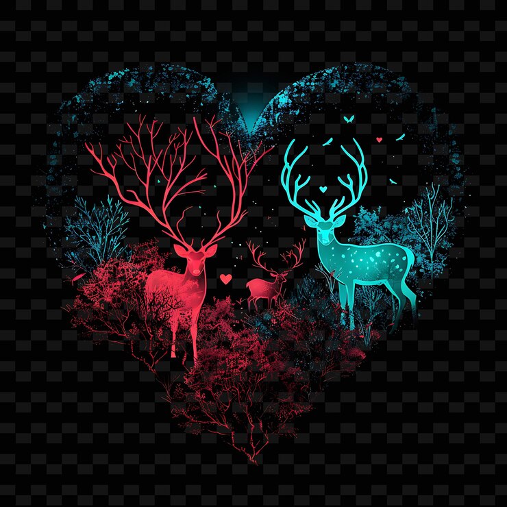PSD shimmering neon fairy tale forest within a silhouette heart l png y2k ontwerpen geïnspireerd op sprookjes