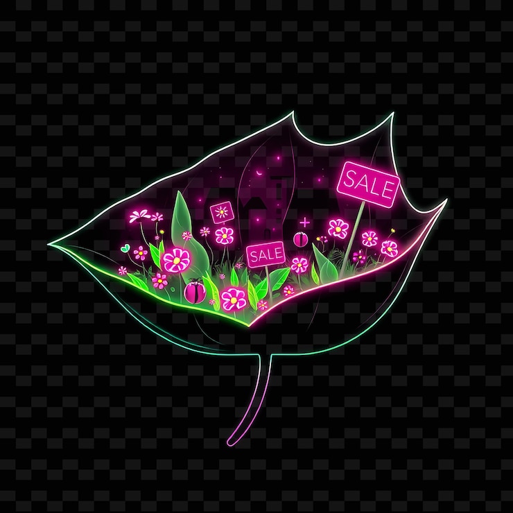 PSD shimmering neon garden inside a silhouette leaf landscape with glowing flowers ladybugs and sale si