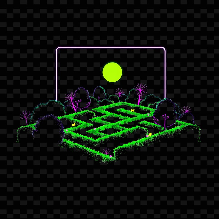 PSD shimmering neon garden maze inside a silhouette square landscape lined with glowing hedges and tiny