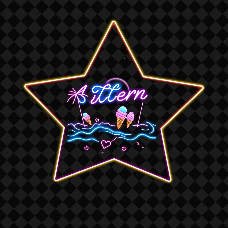 PSD shimmering neon ice cream beach inside a silhouette star kawaii ice cream cones decorate the beach