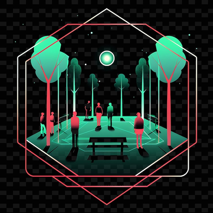 PSD shimmering neon initiative with petitioners and signs landsc neon line art landscape background