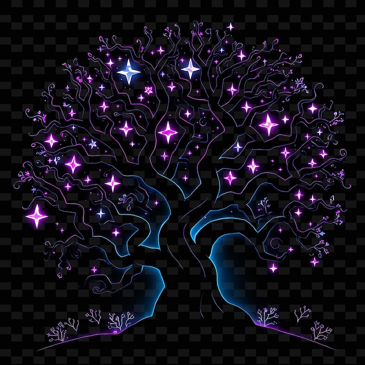 PSD shimmering neon mystical forest inside a silhouette tree landscape has twisted trees with glowing s